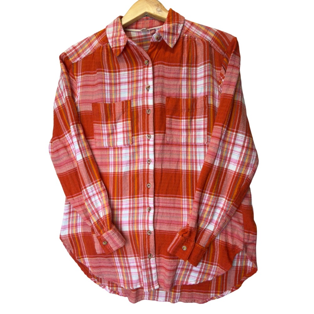Pilcro and the Letterpress Orange Pink Plaid Button Down Shirt Womens XS Flannel